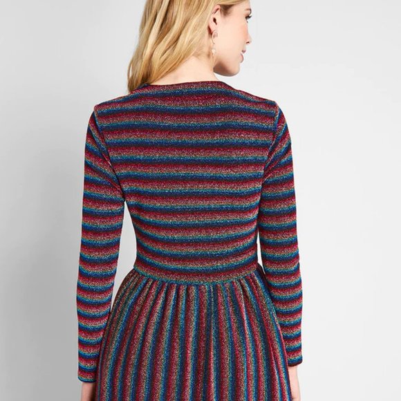 Modcloth Long Sleeve Rainbow Stripe Sparkle Dress Size S - Picture 2 of 4